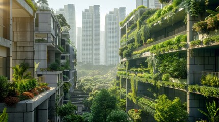 An urban area with concrete buildings and no greenery on one side, and a green urban area with vertical gardens and parks on the other.