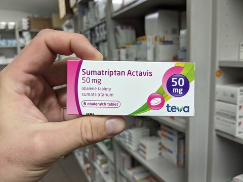Prague,Czech republic&ndash;May 22 2024:Pharmacy store-Sumatriptan ACTAVIS pills for treatment of migraine and head aches	