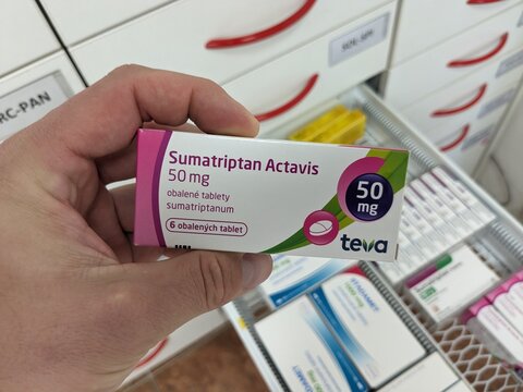 Prague,Czech republic&ndash;May 22 2024:Pharmacy store-Sumatriptan ACTAVIS pills for treatment of migraine and head aches	