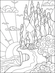 A rock over the sea, a rock that looks like a castle and the road to it - a vector linear picture for coloring. Outline. Seagulls over the sea and the setting sun.