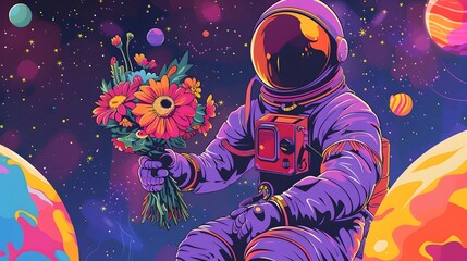Astronaut Carrying Vibrant Floral Bouquet Amidst Surreal Cosmic Landscape