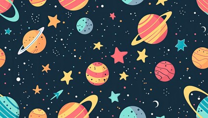 Colorful Space Pattern with Planets and Stars