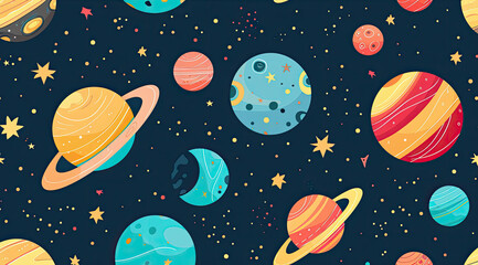 Colorful Space Pattern with Planets and Stars