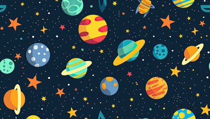 Colorful Space Pattern with Planets and Stars