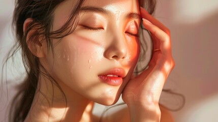 Fototapeta premium Tranquil Moment A Korean Woman s Dedication to Skin Care and Its Transformative Power