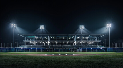 An architectural night view of an empty baseball stadium, highlighting the elegance of its construction under stadium lights, with expansive copy space in the black sky.