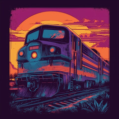 synthwave train illustration for clothing design, background