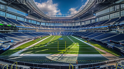 An architectural focus on a football stadium, modern design features, capturing the sleek metal and glass details with the field providing context and copy space.