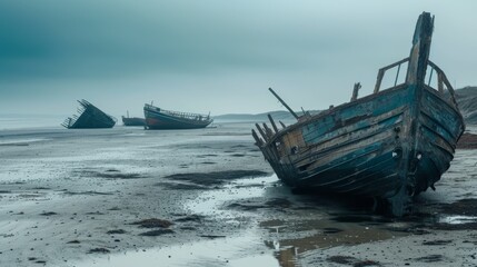 Fototapeta premium A dramatic scene of multiple shipwrecks on a foggy beach with dark skies, evoking a sense of abandonment and timelessness.