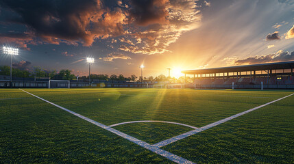 An early evening view of a football stadium, the setting sun casting soft light and shadows across the pitch, with ample copy space in the calming sky.