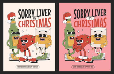 Retro Merry Christmas and Happy New year cards in trendy groovy style. Sad liver, beer and cocktail cartoon characters.