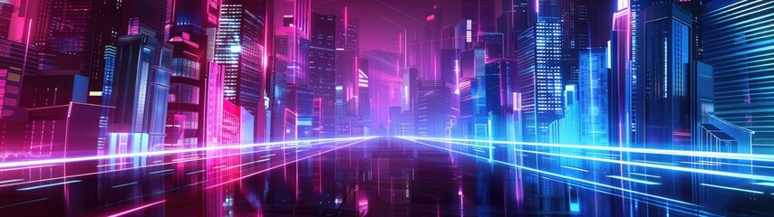 Fototapeta premium An abstract futuristic cityscape illustration featuring a blend of neon lights and geometric shapes, creating a dynamic and vibrant composition that evokes a sense of innovation and technology