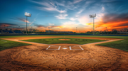 An empty softball stadium with high-definition details of the turf and clay, focusing on the pitcher, circle and home plate, with copy space in the vibrant sunset sky.