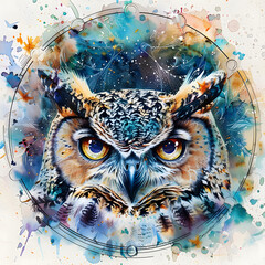 An owl with bright yellow eyes stares at the viewer. The owl is surrounded by a colorful, symmetrical pattern. The owl's feathers are a deep brown color. The background is white.
