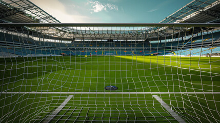 An empty football stadium with the focus on the meticulously maintained goal area, the net perfectly hung and the lines freshly painted, extensive copy space in the background stands.