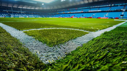 An immaculate view of a football field from the goal line, looking towards the midfield with perfect turf and line markings, large copy space in the background stands.