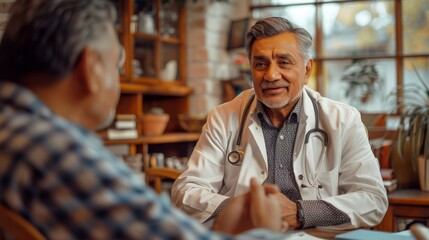 cultural medical consultation, an indian doctor in traditional attire consulting treatment options with a middle-aged hispanic patient in a cozy room with wooden furniture and warm lighting
