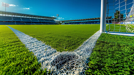 An immaculate view of a football field from the goal line, looking towards the midfield with perfect turf and line markings, large copy space in the background stands.