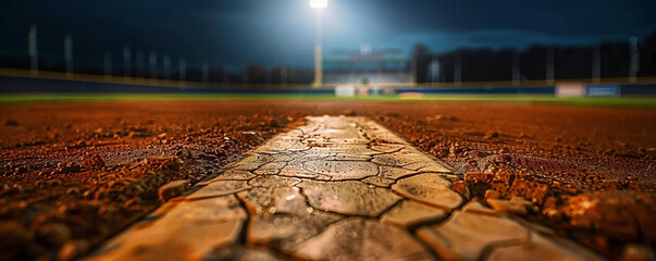 Close-up view of an empty baseball stadium's pitcher's mound at night, the detailed texture of the mound clay illuminated under a soft spotlight, with dark sky providing copy space.