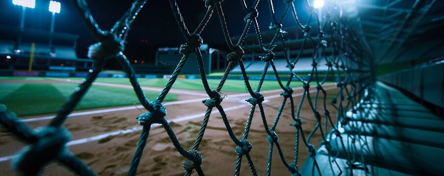 Close-up view of the batting cage in an empty baseball stadium at night, focusing on the netting and surrounding area, with the dark, empty field in the background for copy space.