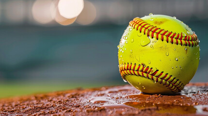 Close-up of a softball on the pitcher's mound at dawn, with dewdrops visible on the surface and a blurred stadium background providing copy space.