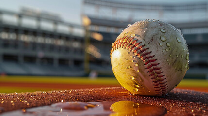 Close-up of a softball on the pitcher's mound at dawn, with dewdrops visible on the surface and a blurred stadium background providing copy space.