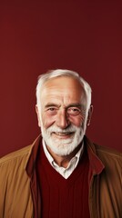 Maroon background Happy european white man grandfather realistic person portrait of young beautiful Smiling old man Isolated on Background Banner 