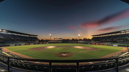 Dawn breaking over a baseball stadium, the seats and field bathed in the soft early light, with the open sky offering expansive copy space.