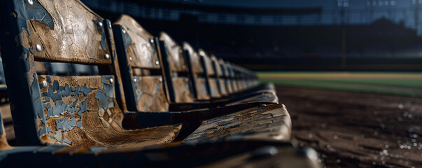 Detailed shot of the worn seats of an empty baseball stadium under moonlight, focusing on the patterns and weathering, with the dark, empty field in the background offering copy space.