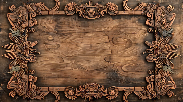 A MesoAmerican sign to accept a custom message or design element - rustic carved black surface that allows for custom type and graphics - a border of tropical leaves, flowers and wood masks, sign
