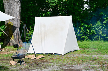 traditional white tent at the Viking festival, or medieval market, Schonungen, Schweinfurt, Germany
