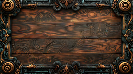 A tropical theme sign to accept a custom message or design element - rustic carved black surface that allows for custom type and graphics - a mesoamerican frame