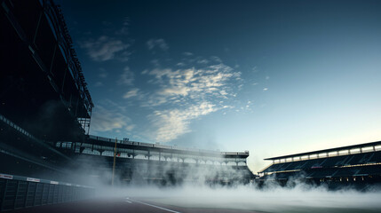 Early morning fog over a baseball stadium, the outlines of the seating and field just visible, with the sky providing a large area of copy space for a mysterious and serene atmosphere.
