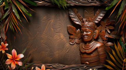 A tropical theme sign to accept a custom message or design element - rustic carved black surface that allows for customization  - a border of tropical leaves, flowers,  wood masks, sign, mesoamerica
