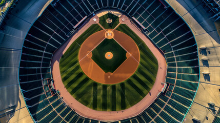 Overhead view of a baseball stadium's concentric seating arrangements, showing off architectural perfection with ample copy space in the central field area.
