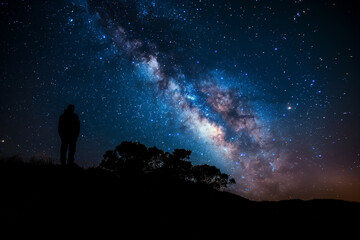 Beautiful milkyway on a night sky. Silhouette of a man against the night sky.