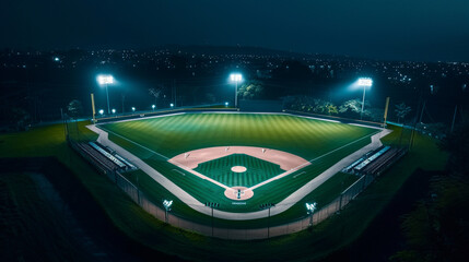 Overhead view of a baseball field at night, stadium lights creating a sharp contrast between the illuminated field and the dark surrounding area, with copy space above the field.