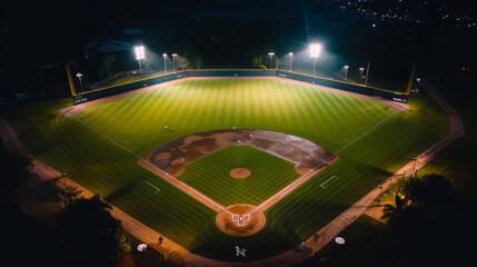Overhead view of a baseball field at night, stadium lights creating a sharp contrast between the illuminated field and the dark surrounding area, with copy space above the field.