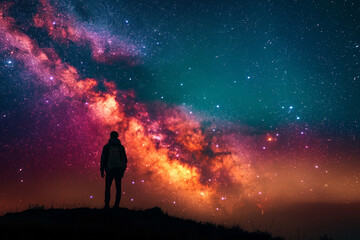 Fototapeta premium Beautiful milkyway on a night sky. Silhouette of a man against the night sky.