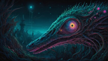 An electrifying gothic insectoid fishlike creature emerges from the depths, its chitinous exoskeleton shimmering with an otherworldly sheen.