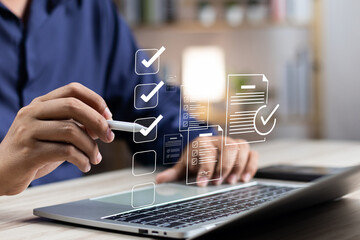 Business performance monitoring and evaluation concept, Take an assessment, Business man using...