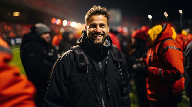 Smiling male photographer wearing a winter jacket at a sports event at night
