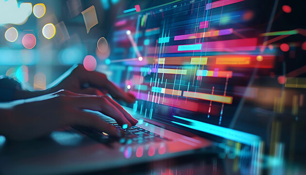 A business developer using a laptop with a transparent overlay displaying a Kanban board, showcasing different stages of tasks for agile software development and efficient project management