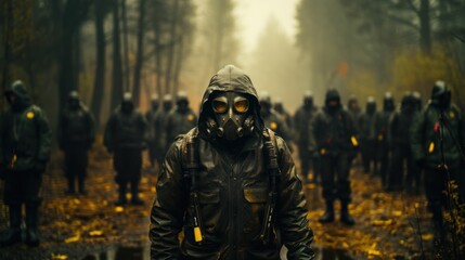 Naklejka premium A person in a black outfit stands in front, leading a group in a misty forest environment, evoking leadership and mystery