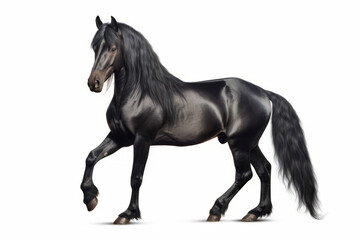 Black horse is standing on its hind legs and legs, with its front legs spread out.
