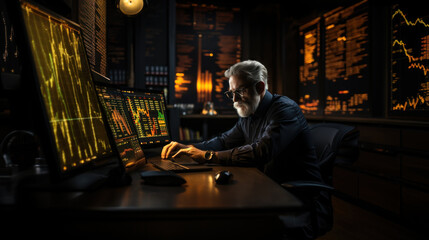 Obraz premium Trader in a dark office looking at multiple computer monitors filled with financial data charts and graphs