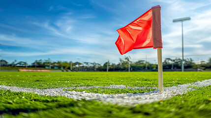 The corner flag of a football ground waving slightly in a breeze, focus on the lush corner area of the pitch, with substantial copy space in the sky.
