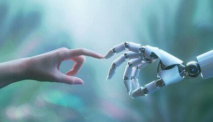 Robot and human hand touching finger tips - ai generative