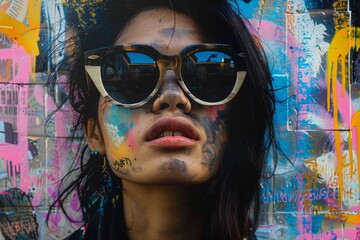 Stylish Woman Posing Against Colorful Street Graffiti