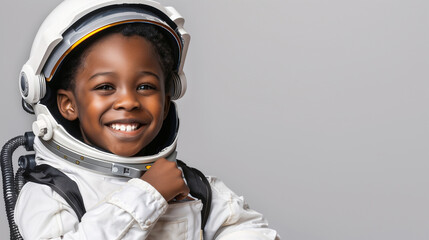 A cute happy smiling young African American black boy dresses like a astronaut on a plain white background with copy space for text.